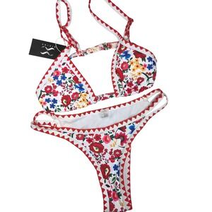 Bikinx Bikini Set Women S Red Floral Ric-Rac Trim Boho Beach Pool Summer 053 NWT
